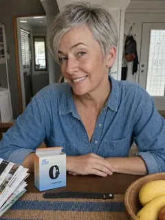 A wife in a denim shirt at her table, the box open and the band laid out in front of her.