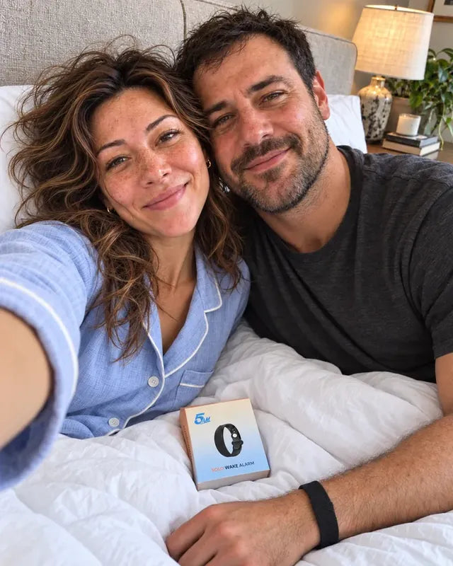 A couple in bed in the morning, the Solo Wake Alarm box on the duvet, the band on his wrist.