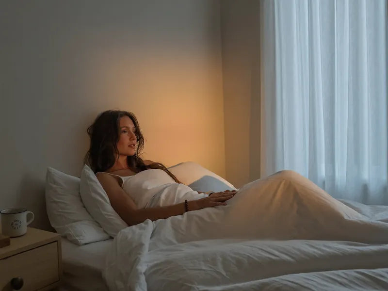 6:30 a.m.: she sits up in bed, rested, in soft winter light, a coffee on the nightstand