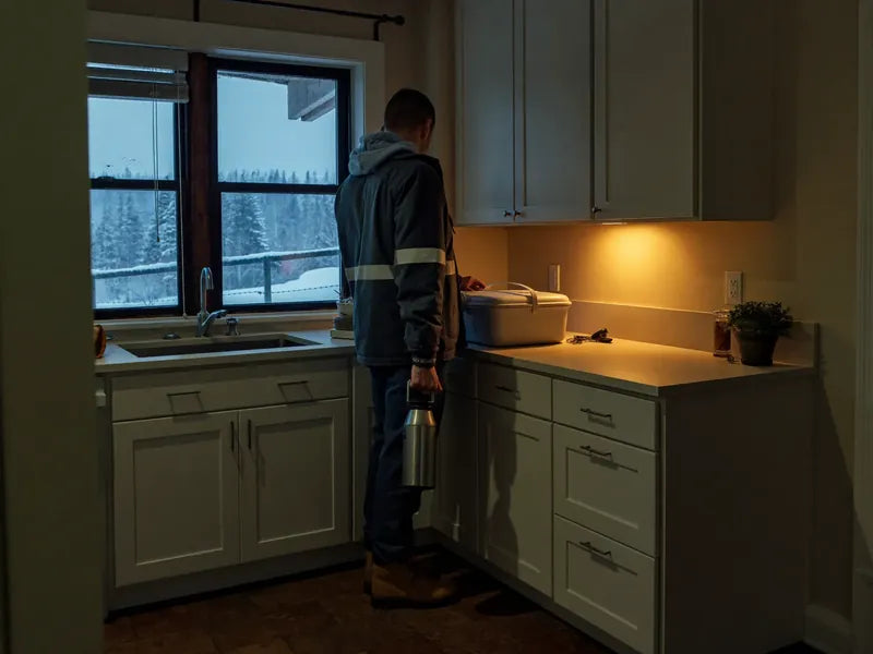 5:04 a.m.: a tradesman in a work jacket stands in his dark kitchen with a thermos, snow outside the window