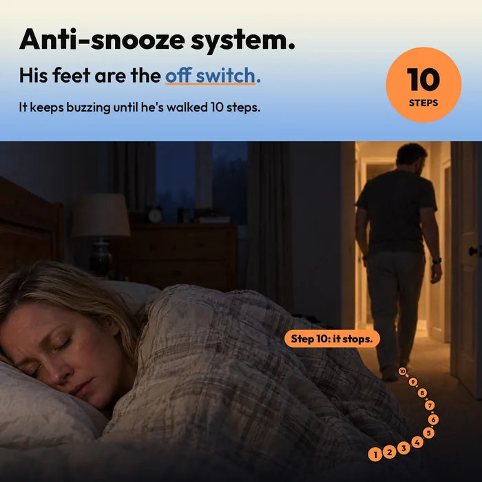 His feet are the off switch: it keeps buzzing until he's walked 10 steps. The two-hand clasp means he can't pull it off half asleep.