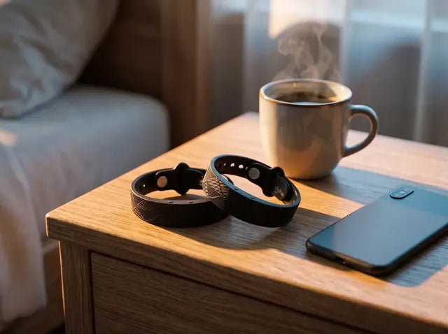His band and hers on the nightstand beside a morning coffee.