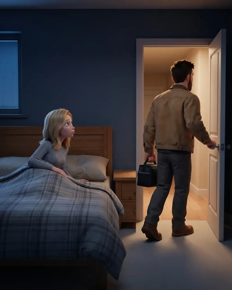 Cartoon of their bedroom before dawn: dressed for work, lunch bag in hand, he hurries out the bedroom door without looking back, while she props herself up in bed, lips puckered for a goodbye kiss that isn't coming.