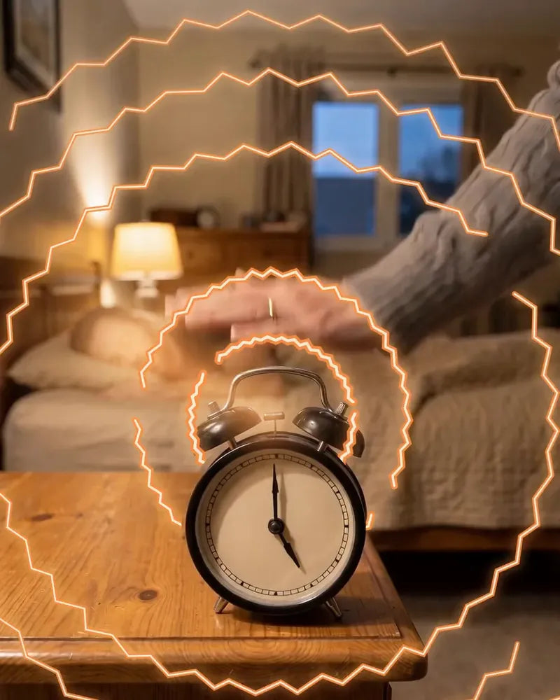 Before dawn, her hand comes down on the black twin-bell alarm clock as jagged orange noise waves ring out of it; he sleeps on in the bed behind.
