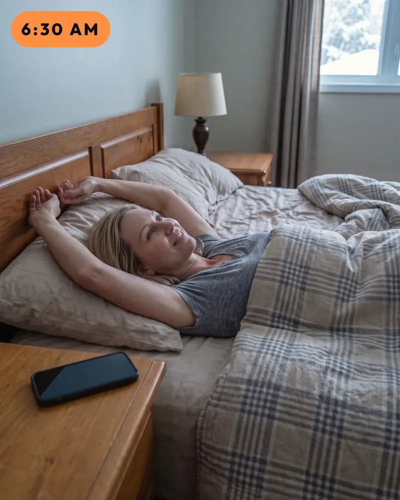 6:30 AM in first light: she stretches awake in bed, rested and smiling; his side of the bed is empty.